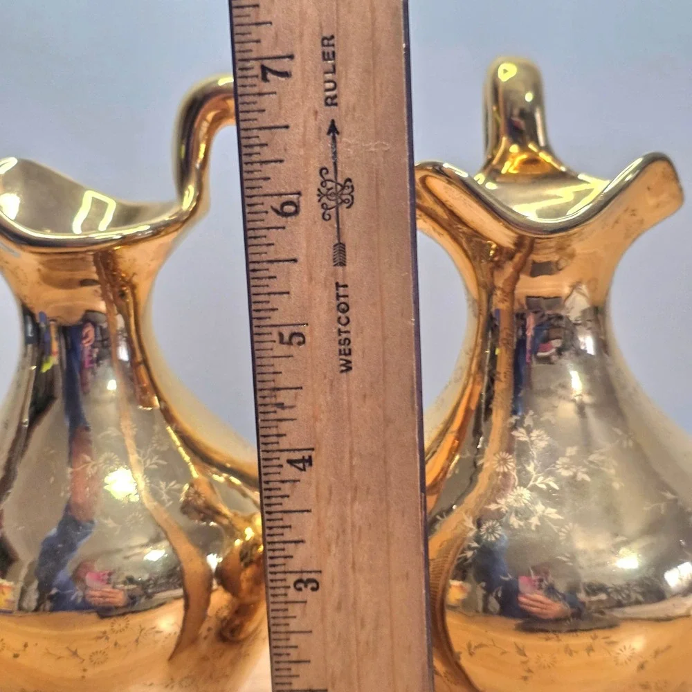 Vintage Gold Painted Ceramic Pitcher Set of Two Mid Century‎ Modern Embossed